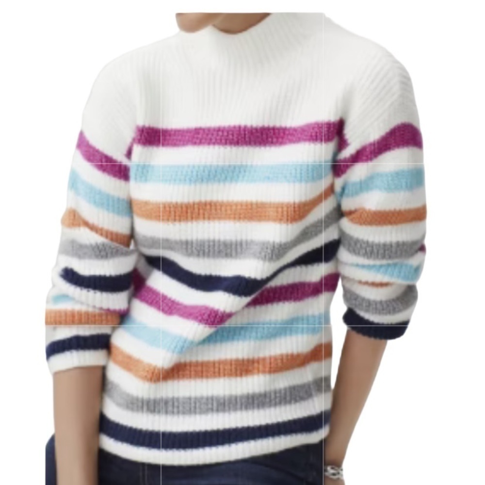 ST. JOHN’S BAY WOMEN FUNNEL NECK LONG SLEEVE PULLOVER SWEATER MULTI STRIPE SZ M